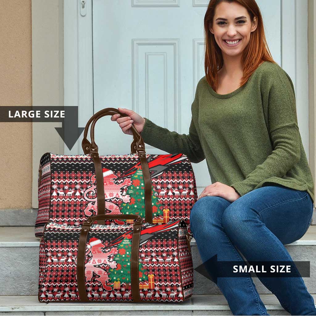 Latvia Christmas Travel Bag with Red Lion, Holiday Tree, and Nordic Pattern Design - Wonder Print Shop