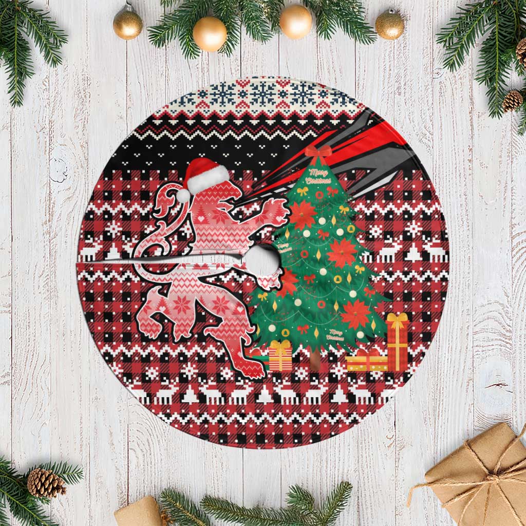 Latvia Christmas Tree Skirt with Red Lion, Holiday Tree, and Nordic Pattern Design - Wonder Print Shop