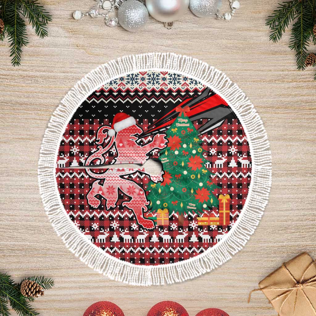 Latvia Christmas Tree Skirt with Red Lion, Holiday Tree, and Nordic Pattern Design - Wonder Print Shop