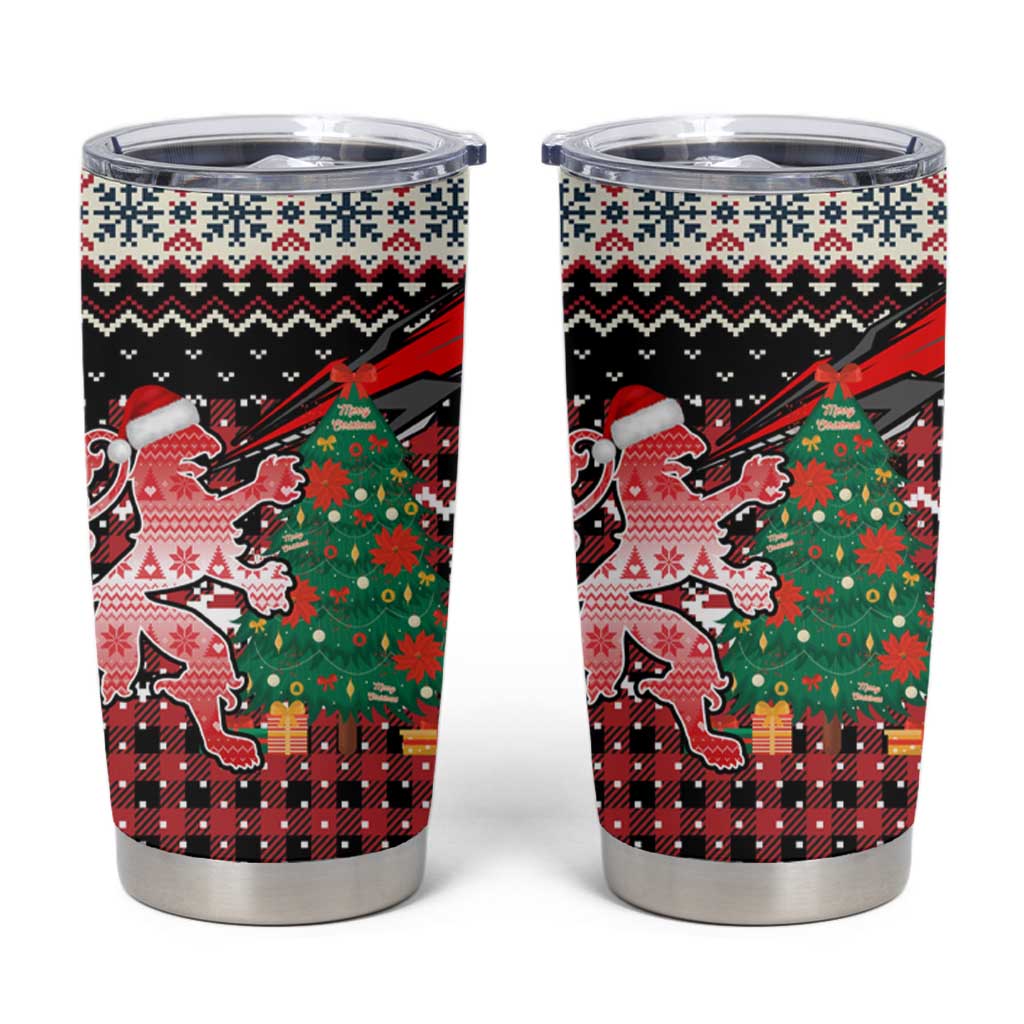 Latvia Christmas Tumbler Cup with Red Lion, Holiday Tree, and Nordic Pattern Design - Wonder Print Shop