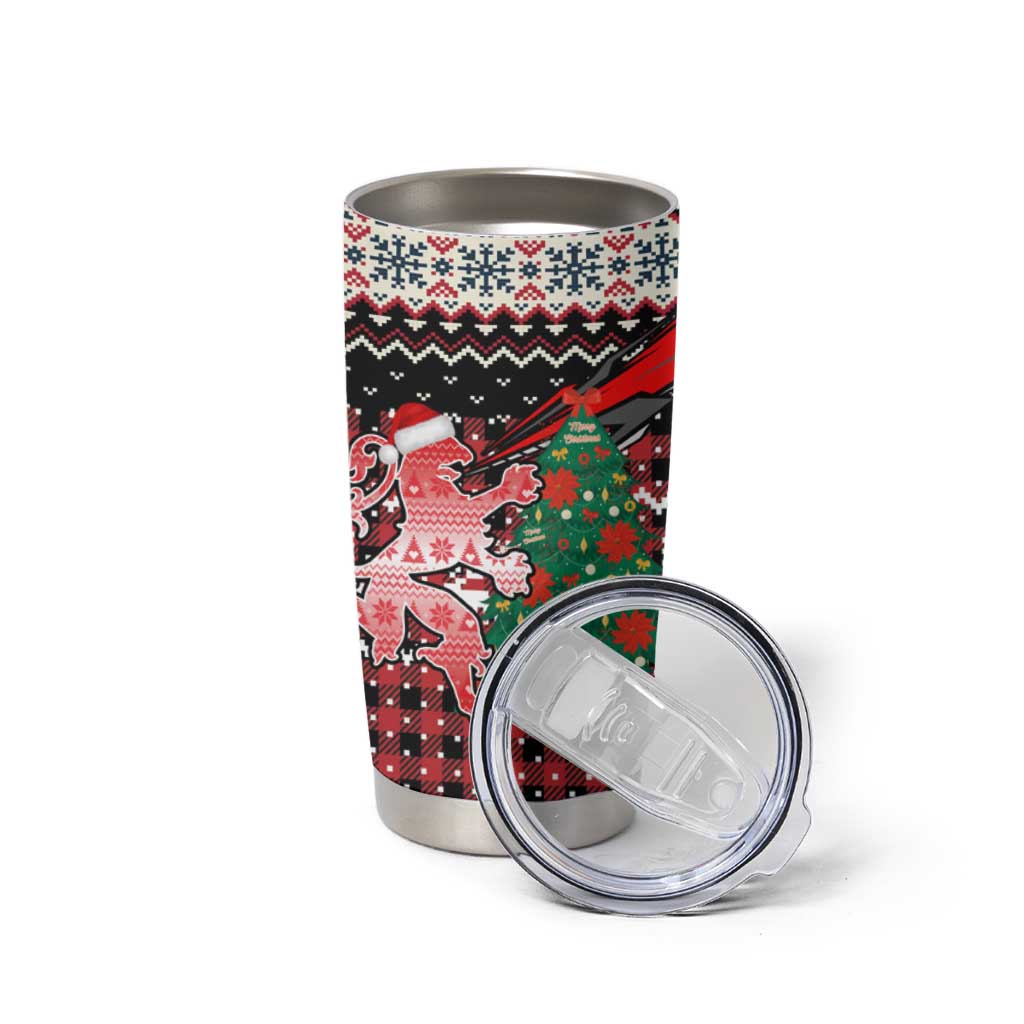 Latvia Christmas Tumbler Cup with Red Lion, Holiday Tree, and Nordic Pattern Design - Wonder Print Shop