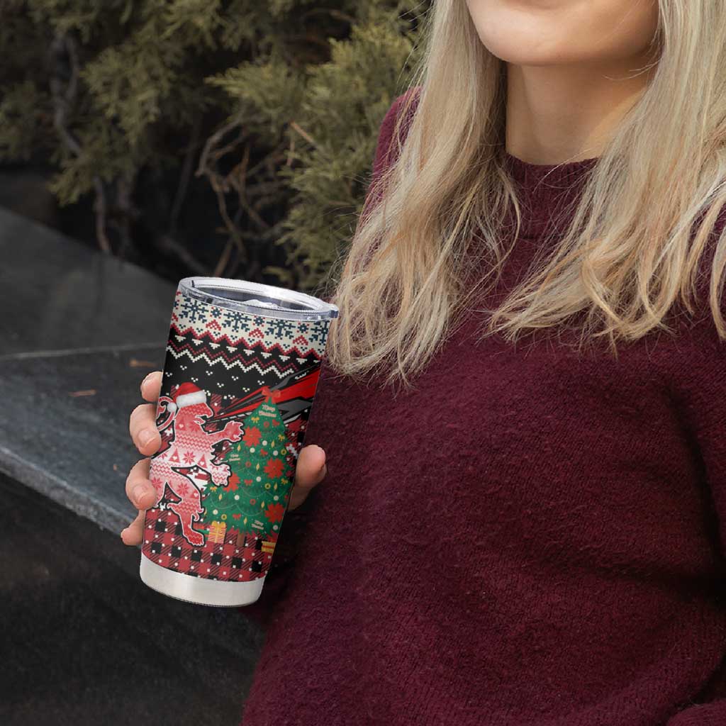 Latvia Christmas Tumbler Cup with Red Lion, Holiday Tree, and Nordic Pattern Design - Wonder Print Shop