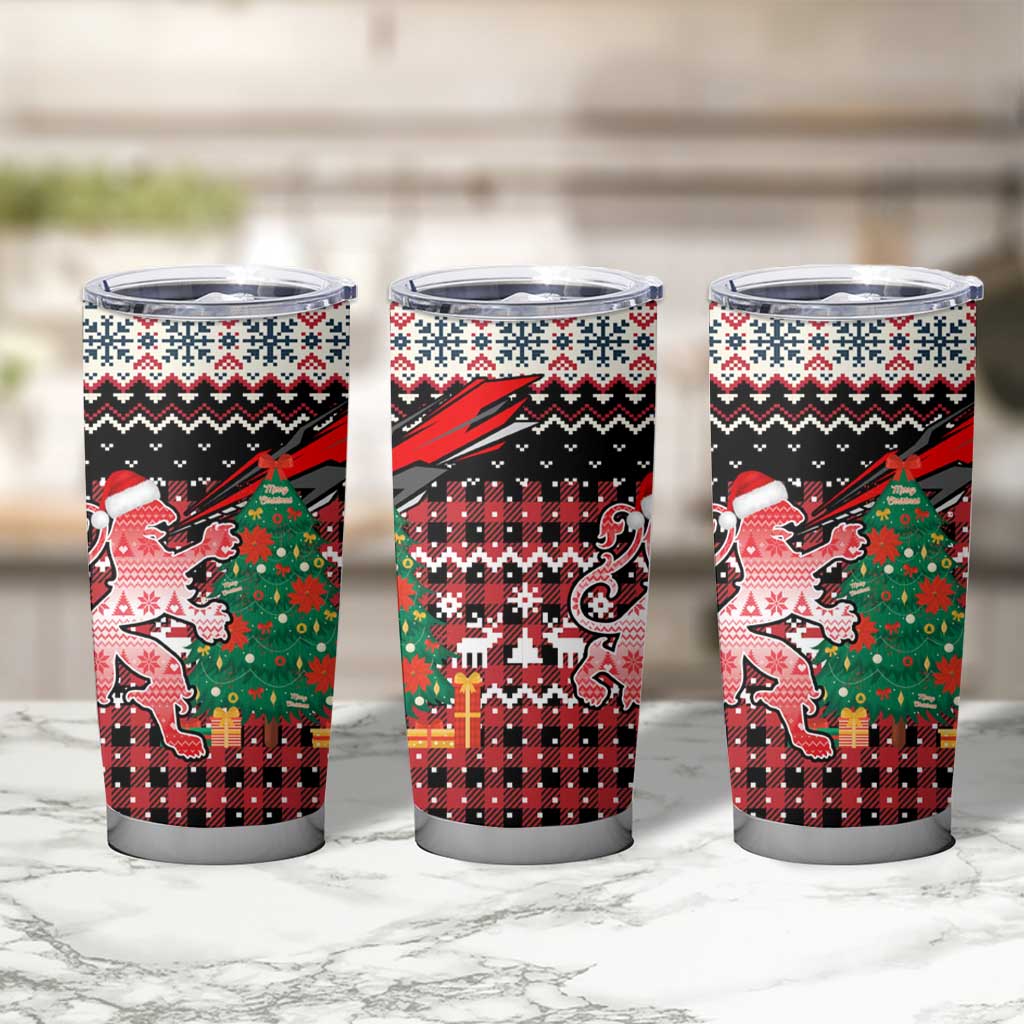 Latvia Christmas Tumbler Cup with Red Lion, Holiday Tree, and Nordic Pattern Design - Wonder Print Shop