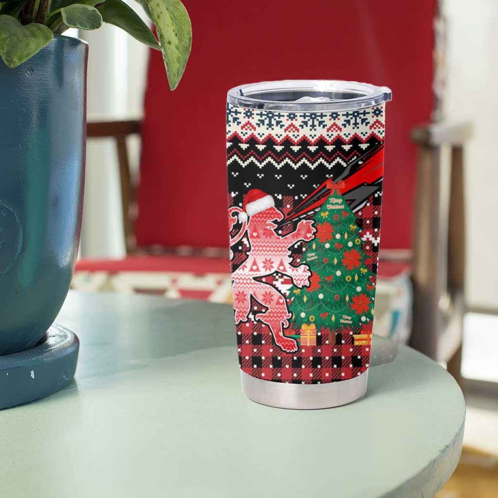 Latvia Christmas Tumbler Cup with Red Lion, Holiday Tree, and Nordic Pattern Design - Wonder Print Shop