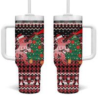 Latvia Christmas Tumbler With Handle with Red Lion, Holiday Tree, and Nordic Pattern Design - Wonder Print Shop