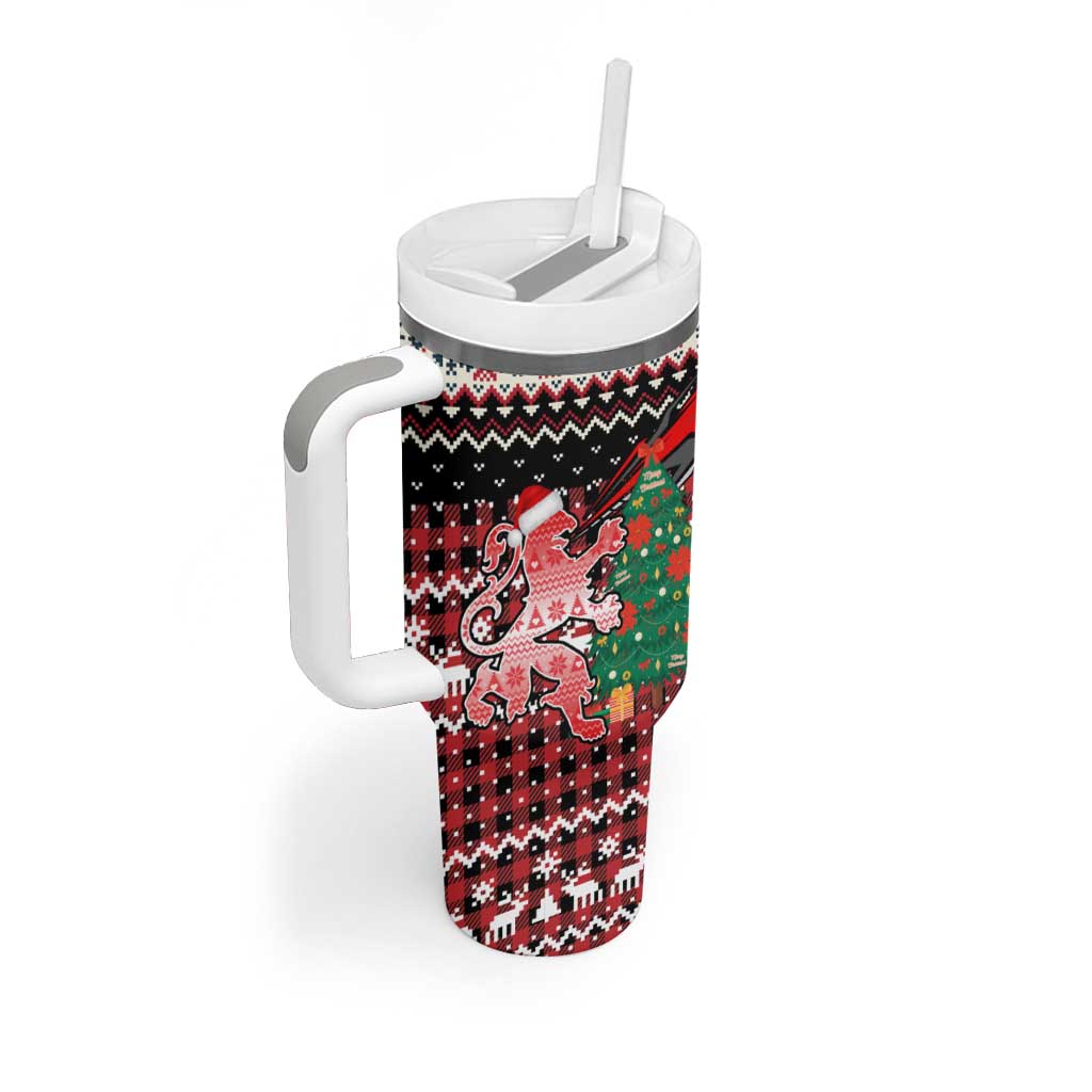 Latvia Christmas Tumbler With Handle with Red Lion, Holiday Tree, and Nordic Pattern Design - Wonder Print Shop