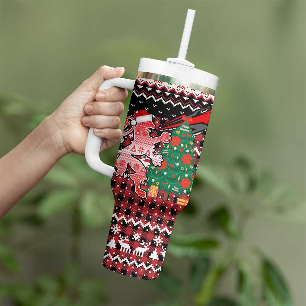 Latvia Christmas Tumbler With Handle with Red Lion, Holiday Tree, and Nordic Pattern Design - Wonder Print Shop