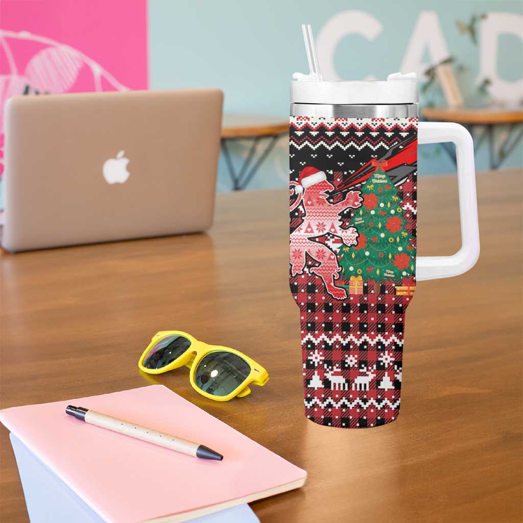 Latvia Christmas Tumbler With Handle with Red Lion, Holiday Tree, and Nordic Pattern Design - Wonder Print Shop