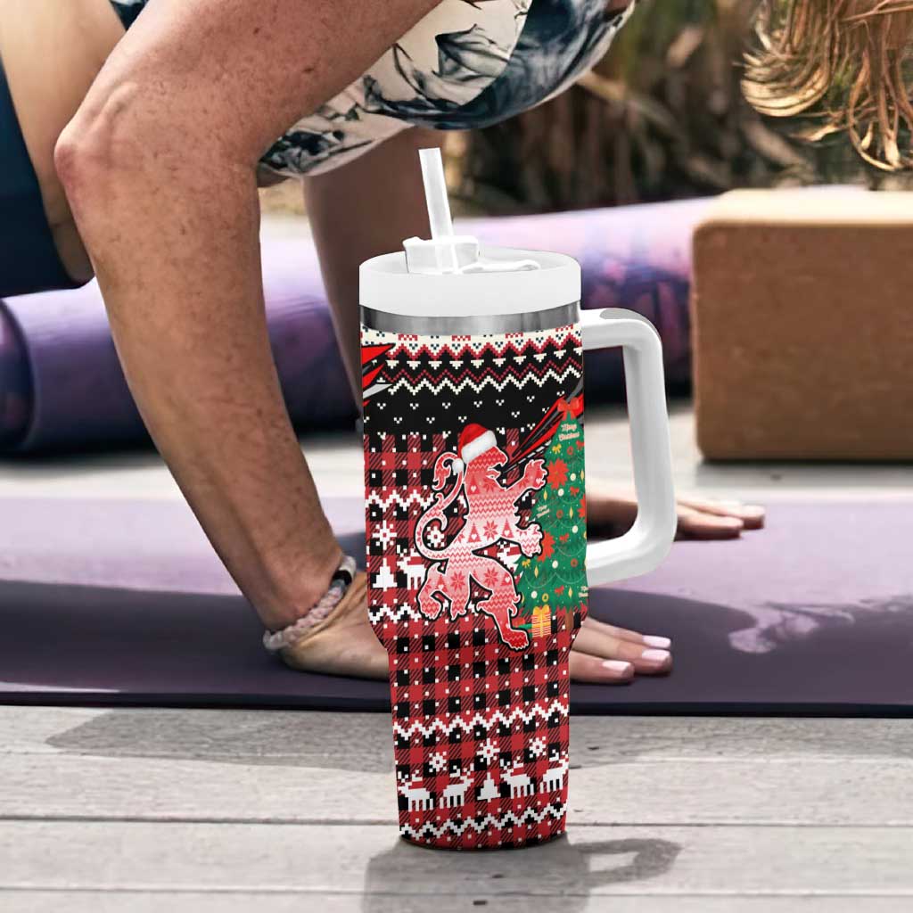 Latvia Christmas Tumbler With Handle with Red Lion, Holiday Tree, and Nordic Pattern Design - Wonder Print Shop