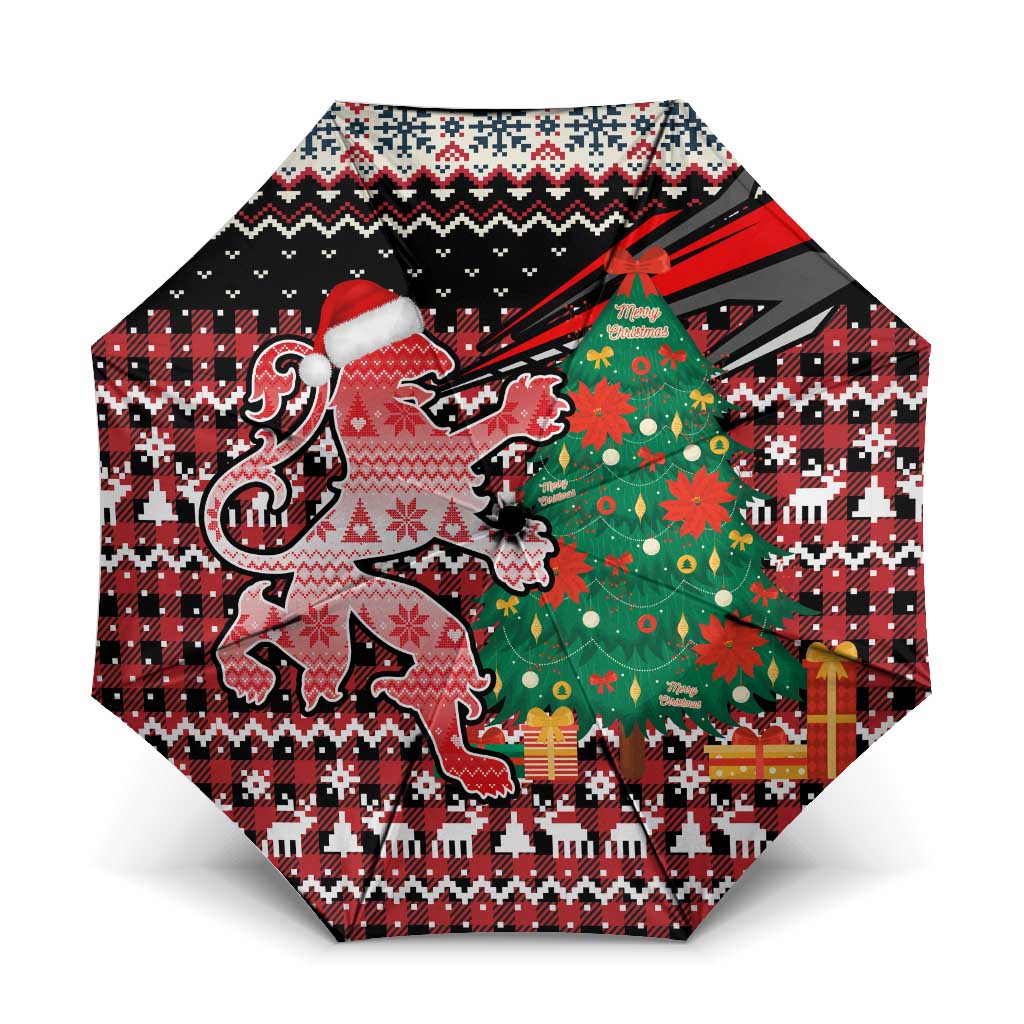 Latvia Christmas Umbrella with Red Lion, Holiday Tree, and Nordic Pattern Design - Wonder Print Shop