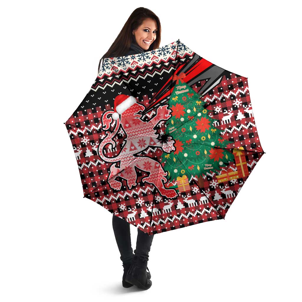 Latvia Christmas Umbrella with Red Lion, Holiday Tree, and Nordic Pattern Design - Wonder Print Shop