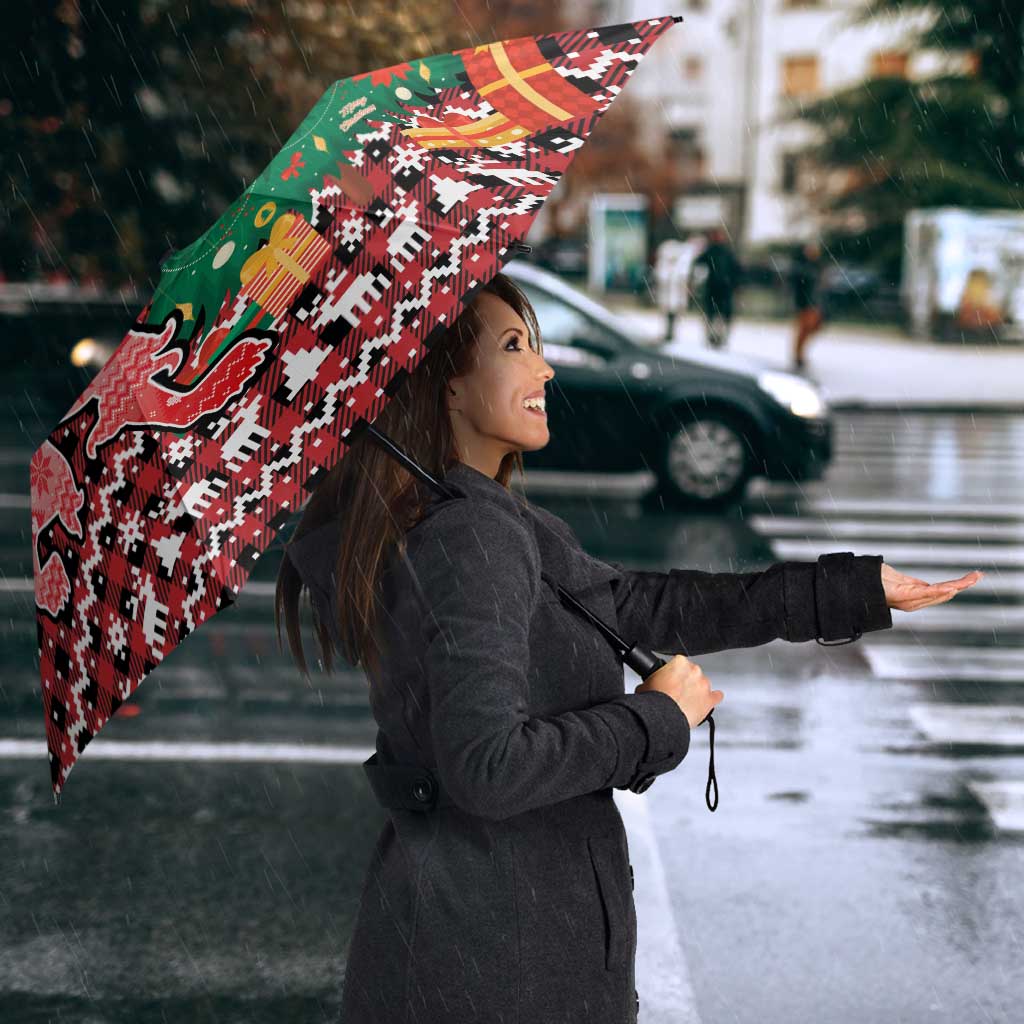 Latvia Christmas Umbrella with Red Lion, Holiday Tree, and Nordic Pattern Design - Wonder Print Shop