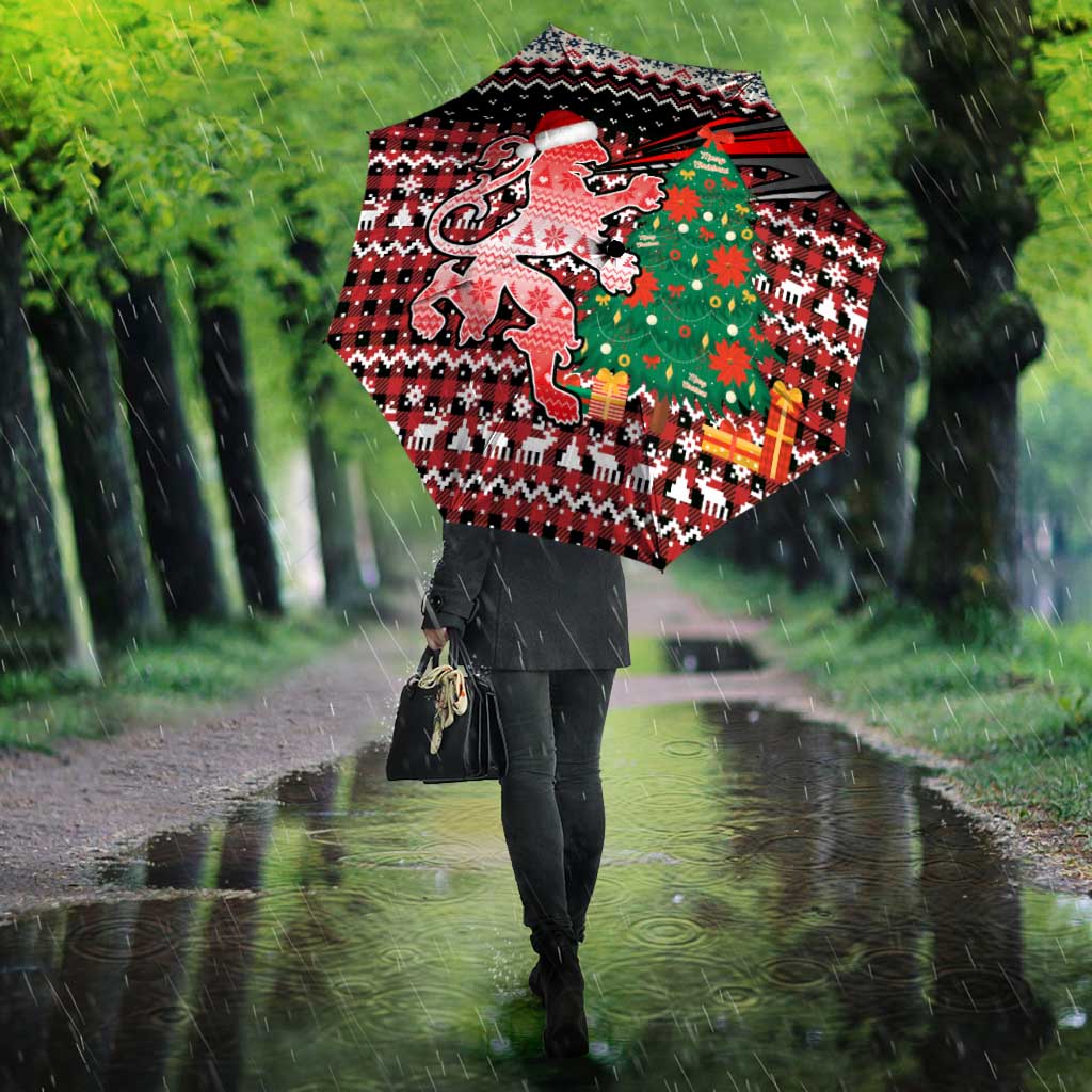 Latvia Christmas Umbrella with Red Lion, Holiday Tree, and Nordic Pattern Design - Wonder Print Shop