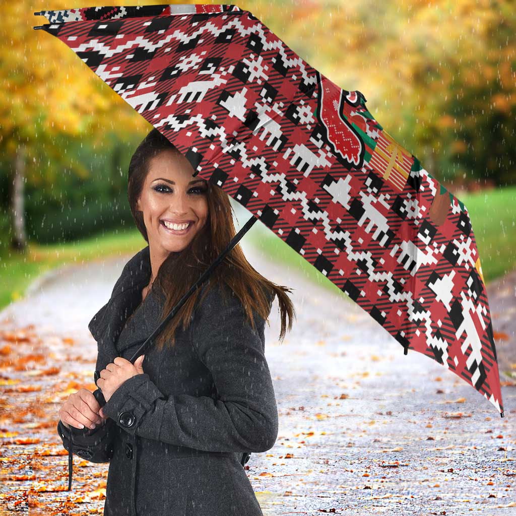 Latvia Christmas Umbrella with Red Lion, Holiday Tree, and Nordic Pattern Design - Wonder Print Shop