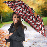 Latvia Christmas Umbrella with Red Lion, Holiday Tree, and Nordic Pattern Design - Wonder Print Shop