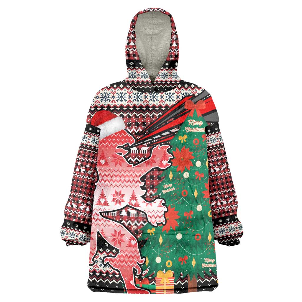 Latvia Christmas Wearable Blanket Hoodie with Red Lion, Holiday Tree, and Nordic Pattern Design - Wonder Print Shop