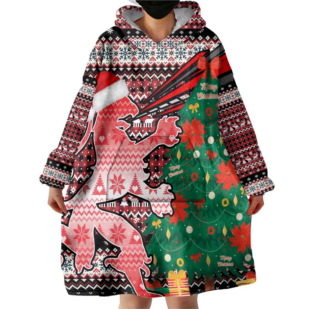 Latvia Christmas Wearable Blanket Hoodie with Red Lion, Holiday Tree, and Nordic Pattern Design - Wonder Print Shop