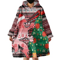 Latvia Christmas Wearable Blanket Hoodie with Red Lion, Holiday Tree, and Nordic Pattern Design - Wonder Print Shop
