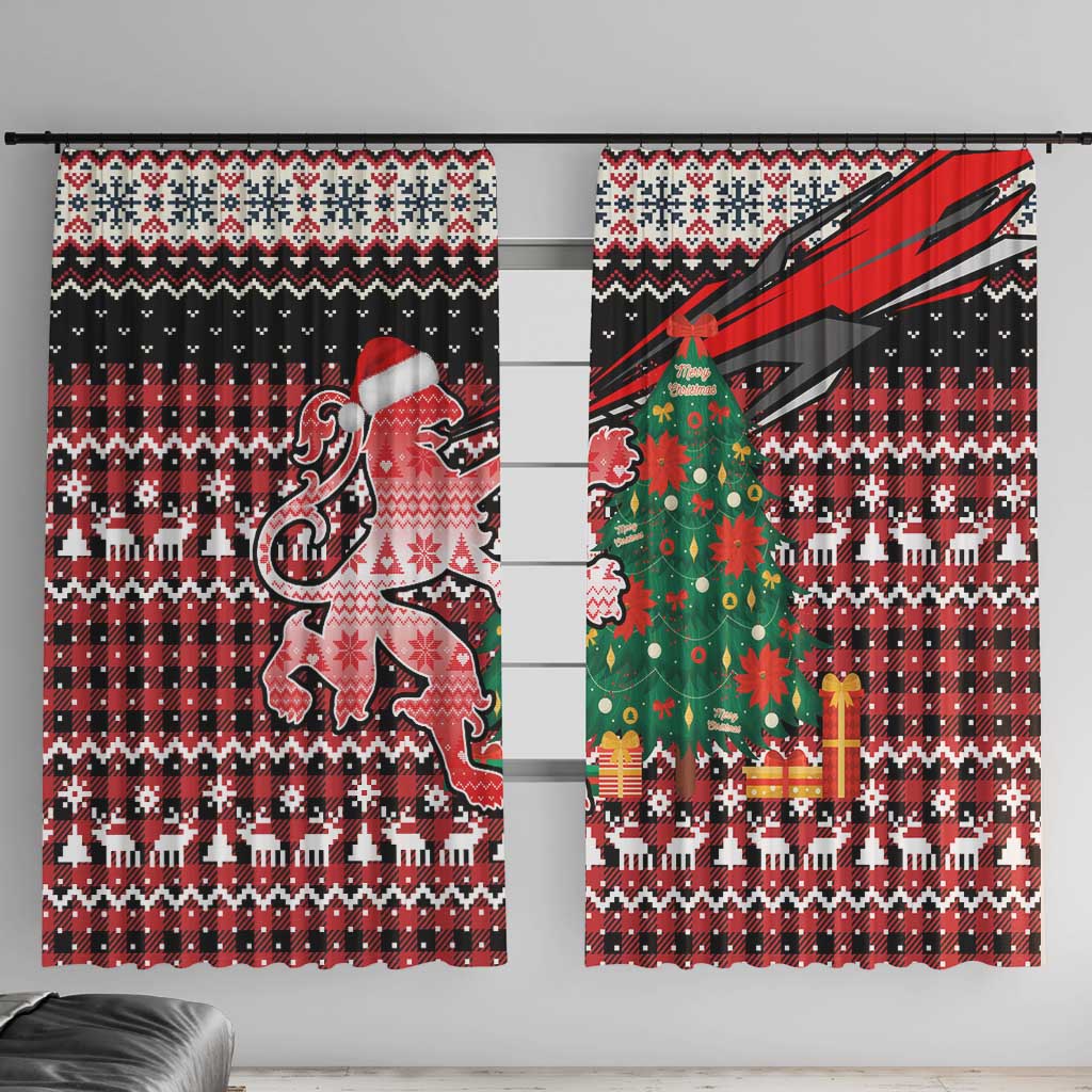 Latvia Christmas Window Curtain with Red Lion, Holiday Tree, and Nordic Pattern Design - Wonder Print Shop