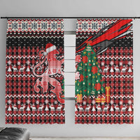 Latvia Christmas Window Curtain with Red Lion, Holiday Tree, and Nordic Pattern Design - Wonder Print Shop