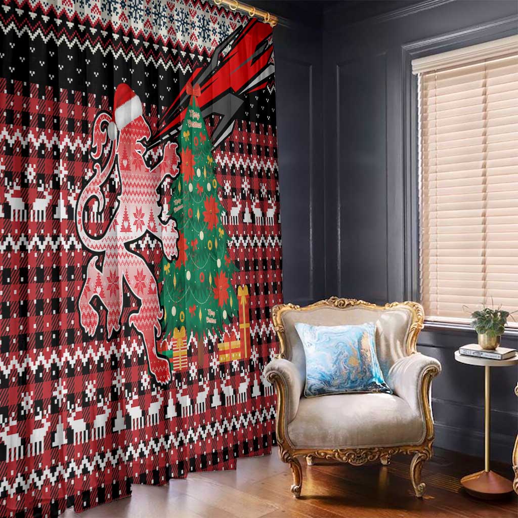 Latvia Christmas Window Curtain with Red Lion, Holiday Tree, and Nordic Pattern Design - Wonder Print Shop