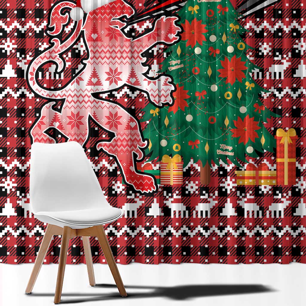 Latvia Christmas Window Curtain with Red Lion, Holiday Tree, and Nordic Pattern Design - Wonder Print Shop
