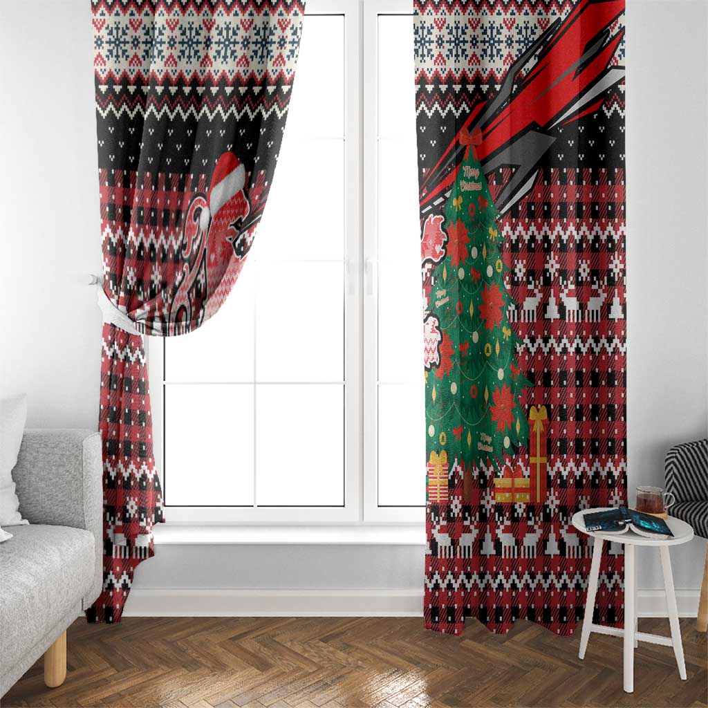 Latvia Christmas Window Curtain with Red Lion, Holiday Tree, and Nordic Pattern Design - Wonder Print Shop