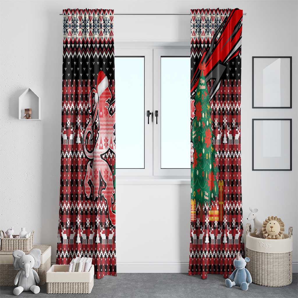 Latvia Christmas Window Curtain with Red Lion, Holiday Tree, and Nordic Pattern Design - Wonder Print Shop