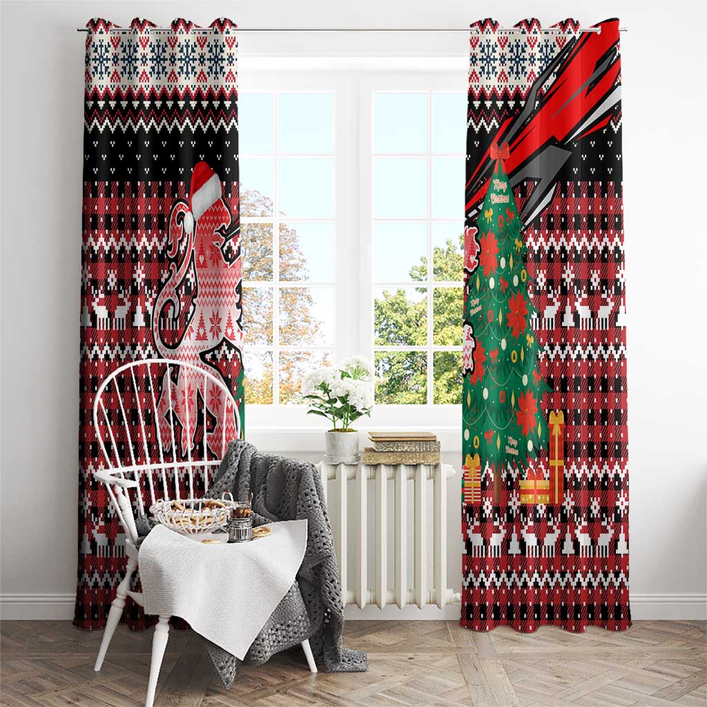 Latvia Christmas Window Curtain with Red Lion, Holiday Tree, and Nordic Pattern Design - Wonder Print Shop