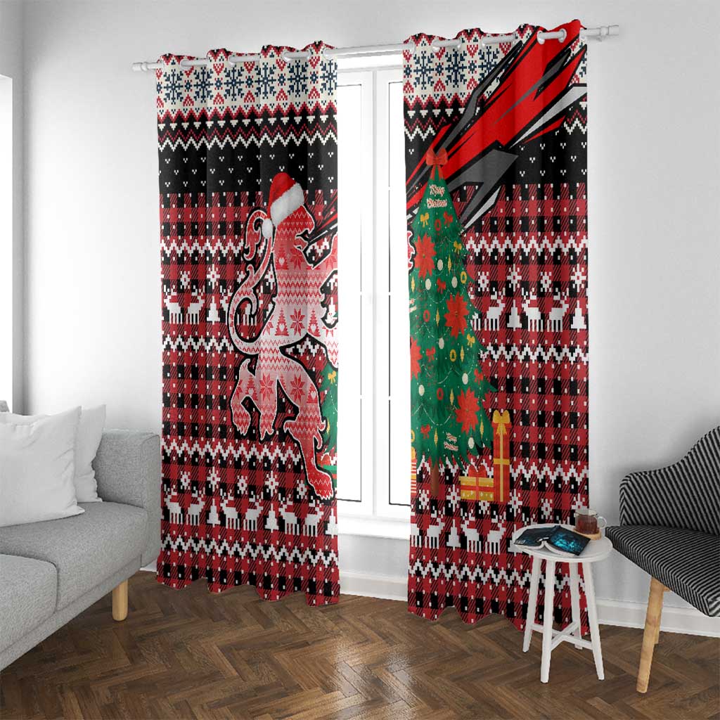 Latvia Christmas Window Curtain with Red Lion, Holiday Tree, and Nordic Pattern Design - Wonder Print Shop