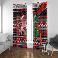 Latvia Christmas Window Curtain with Red Lion, Holiday Tree, and Nordic Pattern Design - Wonder Print Shop