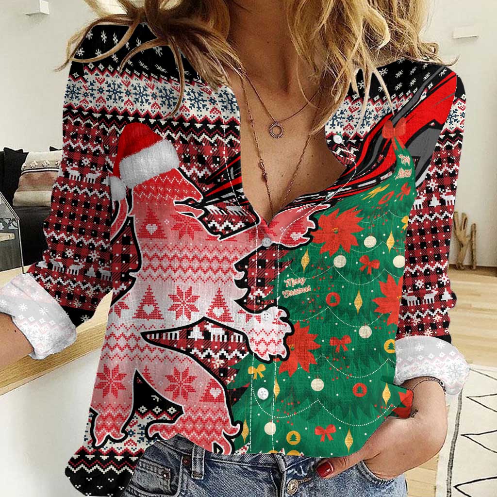 Latvia Christmas Women Casual Shirt with Red Lion, Holiday Tree, and Nordic Pattern Design - Wonder Print Shop