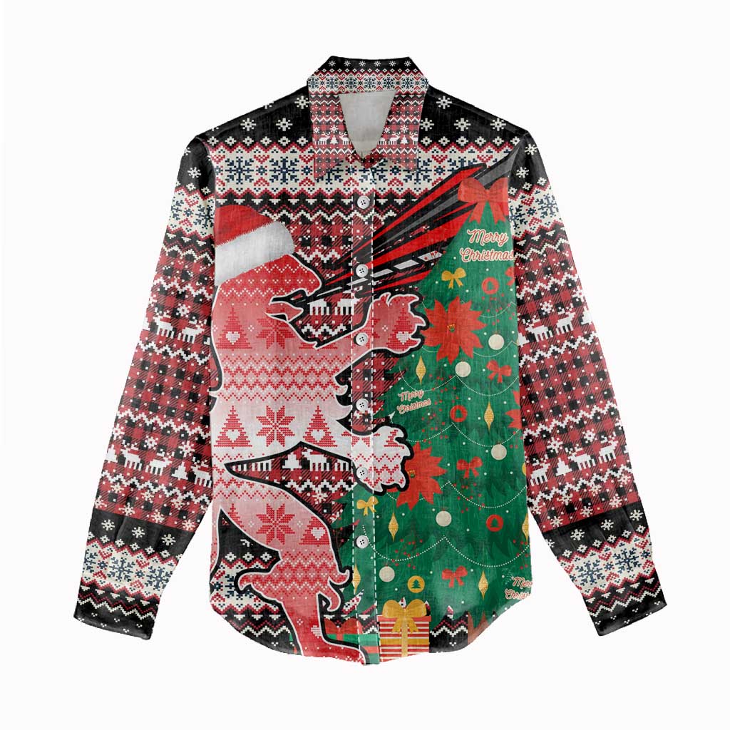 Latvia Christmas Women Casual Shirt with Red Lion, Holiday Tree, and Nordic Pattern Design - Wonder Print Shop