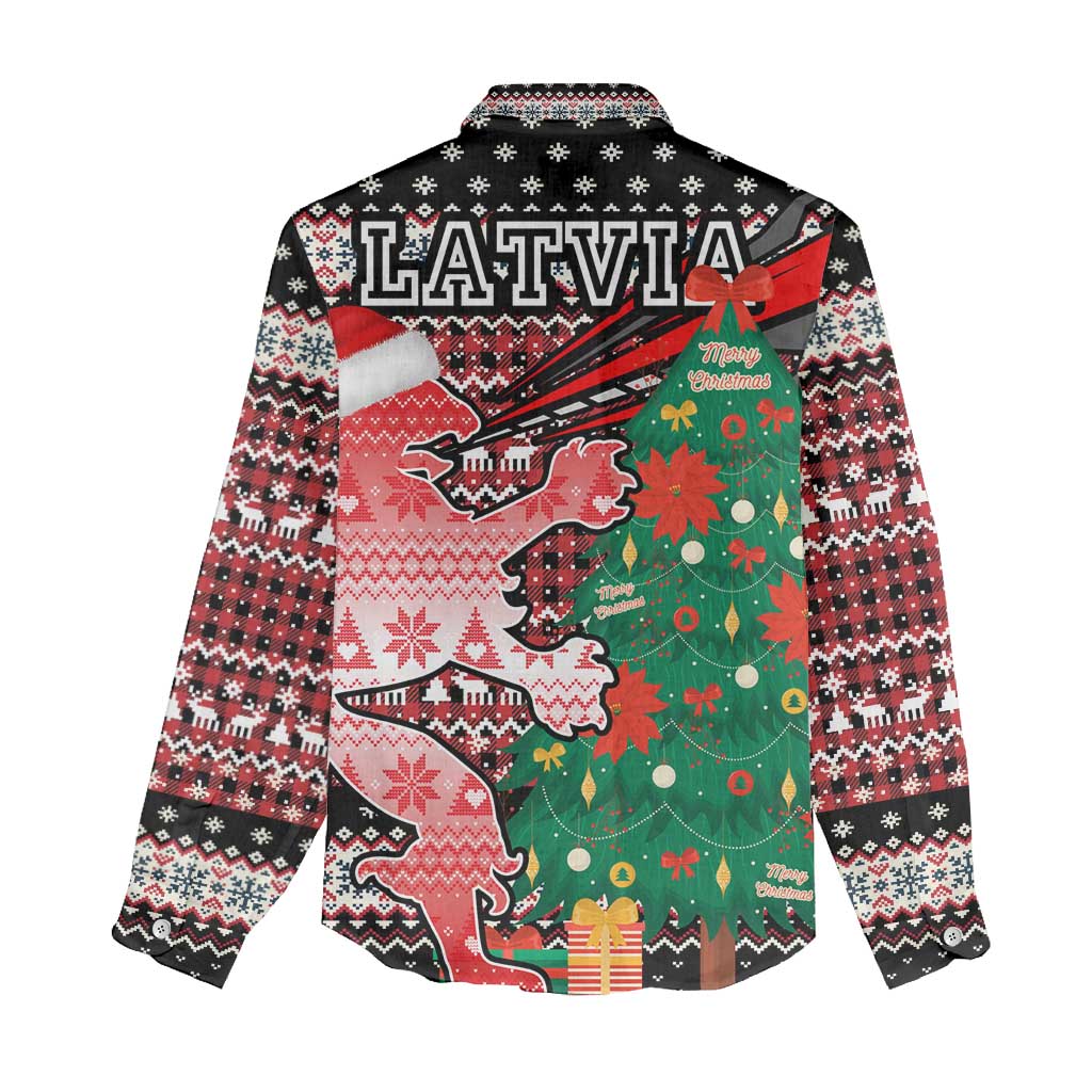 Latvia Christmas Women Casual Shirt with Red Lion, Holiday Tree, and Nordic Pattern Design - Wonder Print Shop