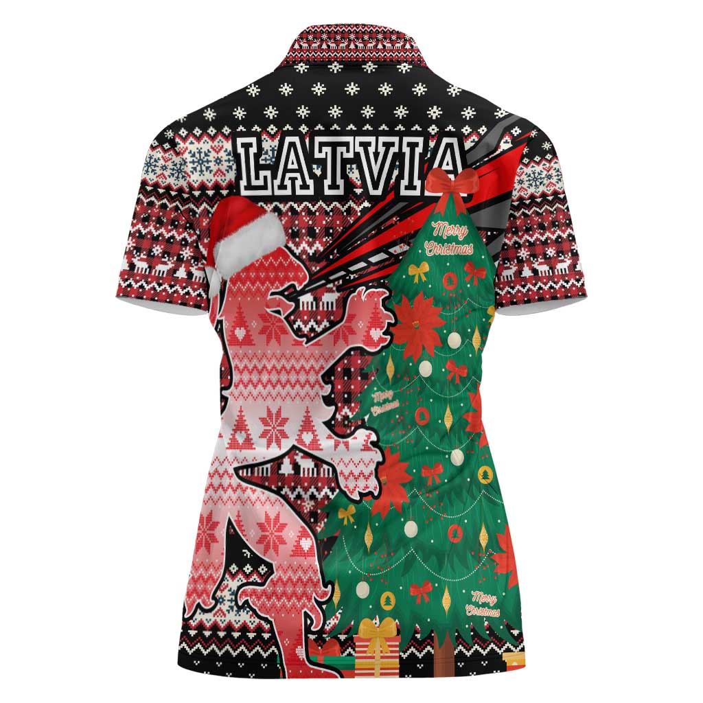 Latvia Christmas Women Polo Shirt with Red Lion, Holiday Tree, and Nordic Pattern Design - Wonder Print Shop