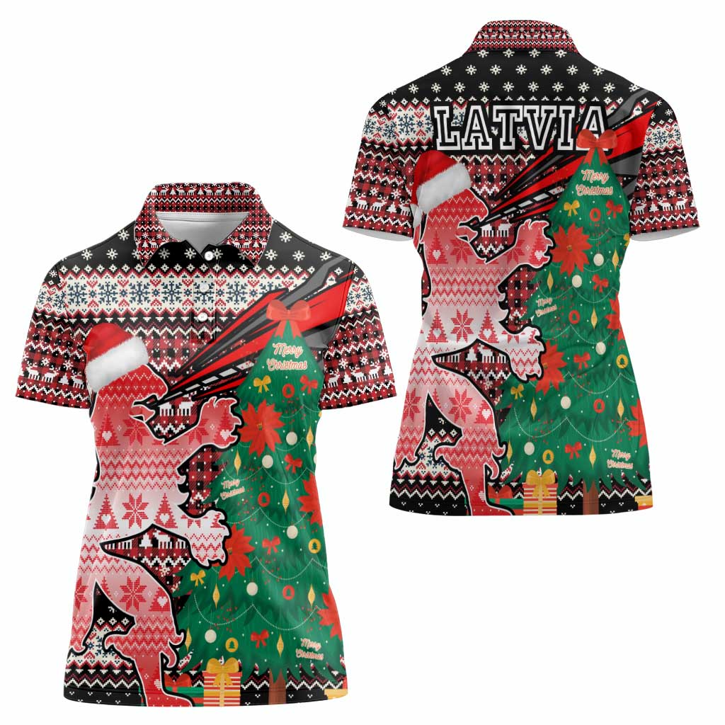 Latvia Christmas Women Polo Shirt with Red Lion, Holiday Tree, and Nordic Pattern Design - Wonder Print Shop