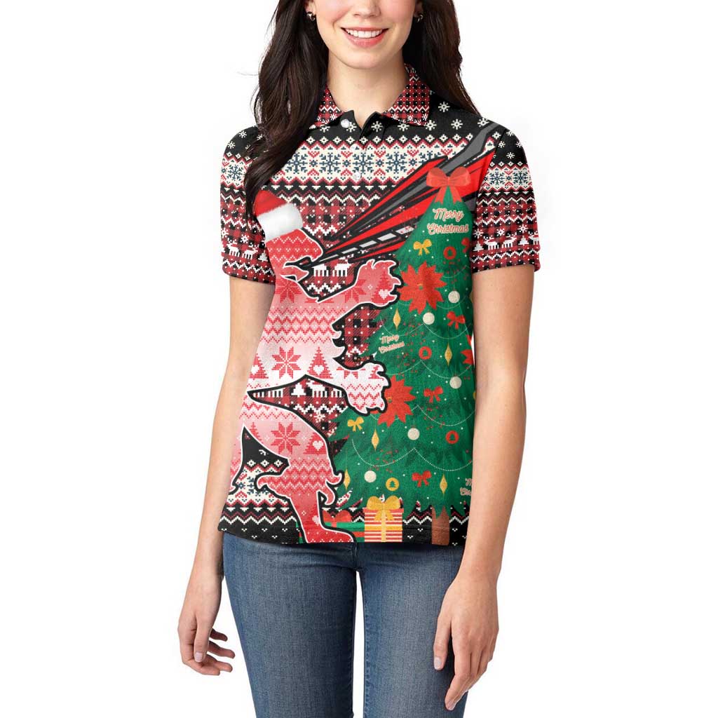 Latvia Christmas Women Polo Shirt with Red Lion, Holiday Tree, and Nordic Pattern Design - Wonder Print Shop