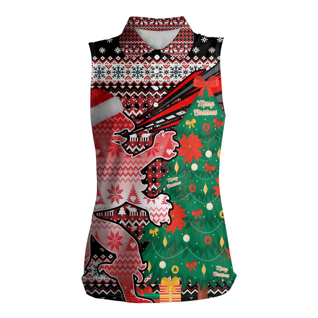 Latvia Christmas Women Sleeveless Polo Shirt with Red Lion, Holiday Tree, and Nordic Pattern Design - Wonder Print Shop