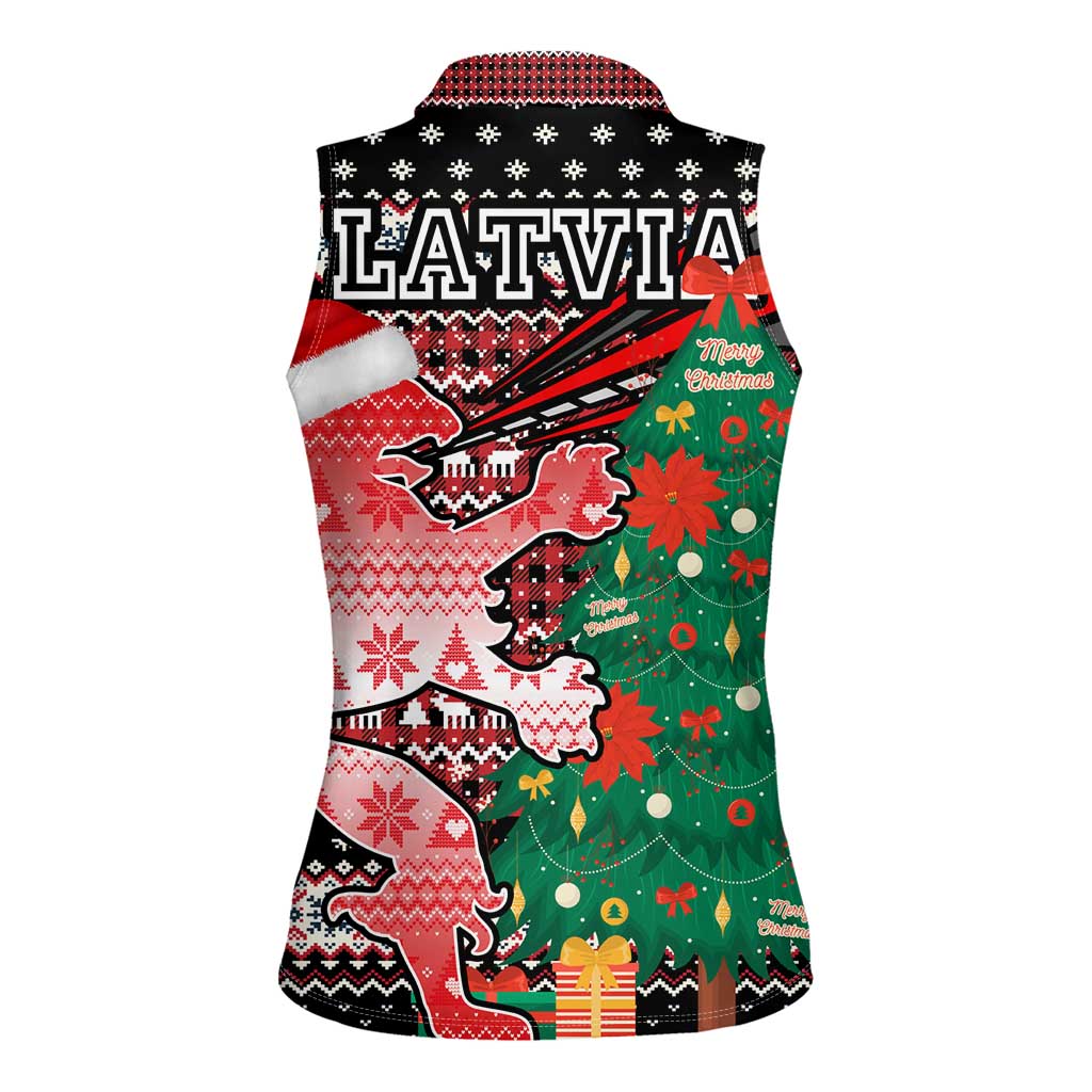 Latvia Christmas Women Sleeveless Polo Shirt with Red Lion, Holiday Tree, and Nordic Pattern Design - Wonder Print Shop