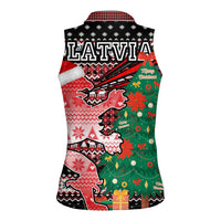 Latvia Christmas Women Sleeveless Polo Shirt with Red Lion, Holiday Tree, and Nordic Pattern Design - Wonder Print Shop