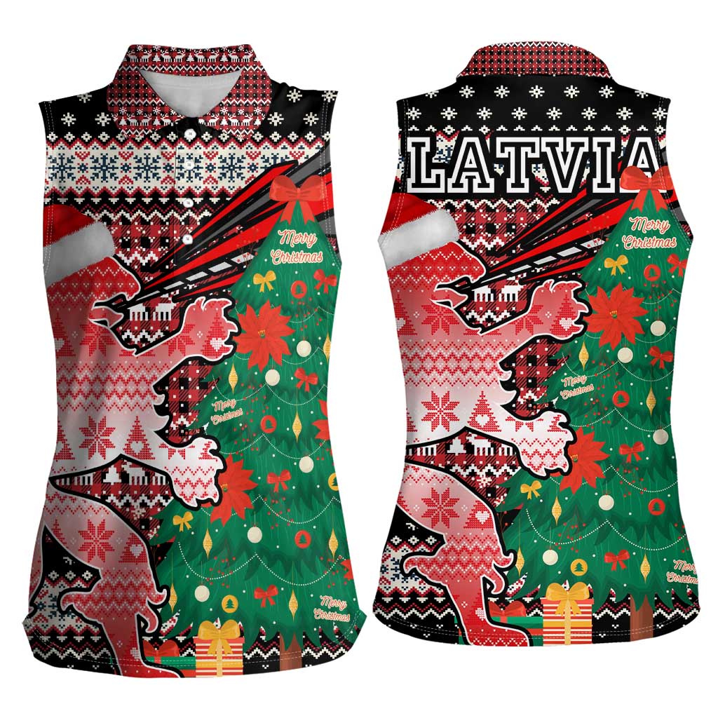 Latvia Christmas Women Sleeveless Polo Shirt with Red Lion, Holiday Tree, and Nordic Pattern Design - Wonder Print Shop