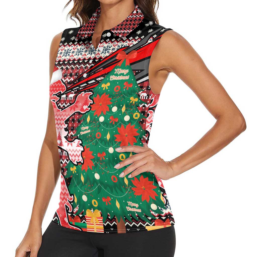 Latvia Christmas Women Sleeveless Polo Shirt with Red Lion, Holiday Tree, and Nordic Pattern Design - Wonder Print Shop