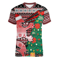 Latvia Christmas Women V-Neck T-Shirt with Red Lion, Holiday Tree, and Nordic Pattern Design - Wonder Print Shop