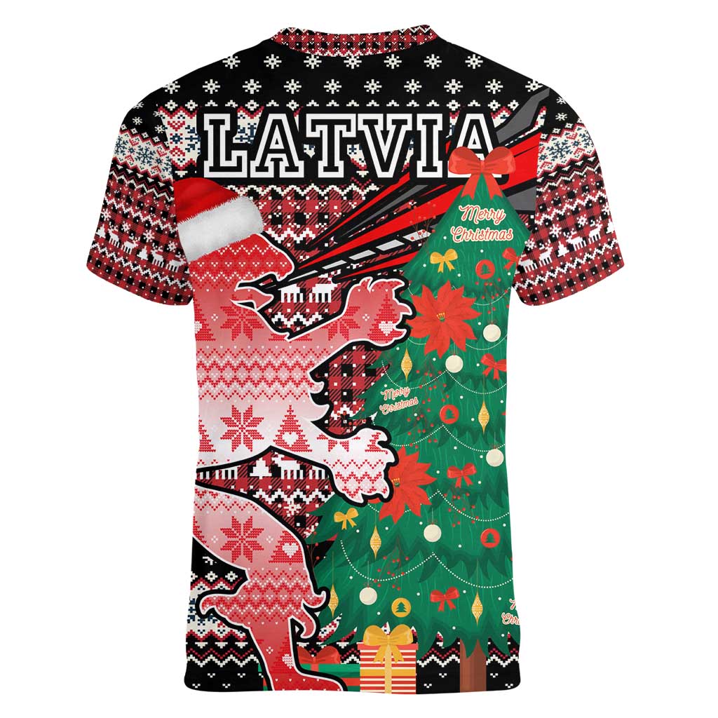 Latvia Christmas Women V-Neck T-Shirt with Red Lion, Holiday Tree, and Nordic Pattern Design - Wonder Print Shop