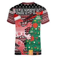 Latvia Christmas Women V-Neck T-Shirt with Red Lion, Holiday Tree, and Nordic Pattern Design - Wonder Print Shop