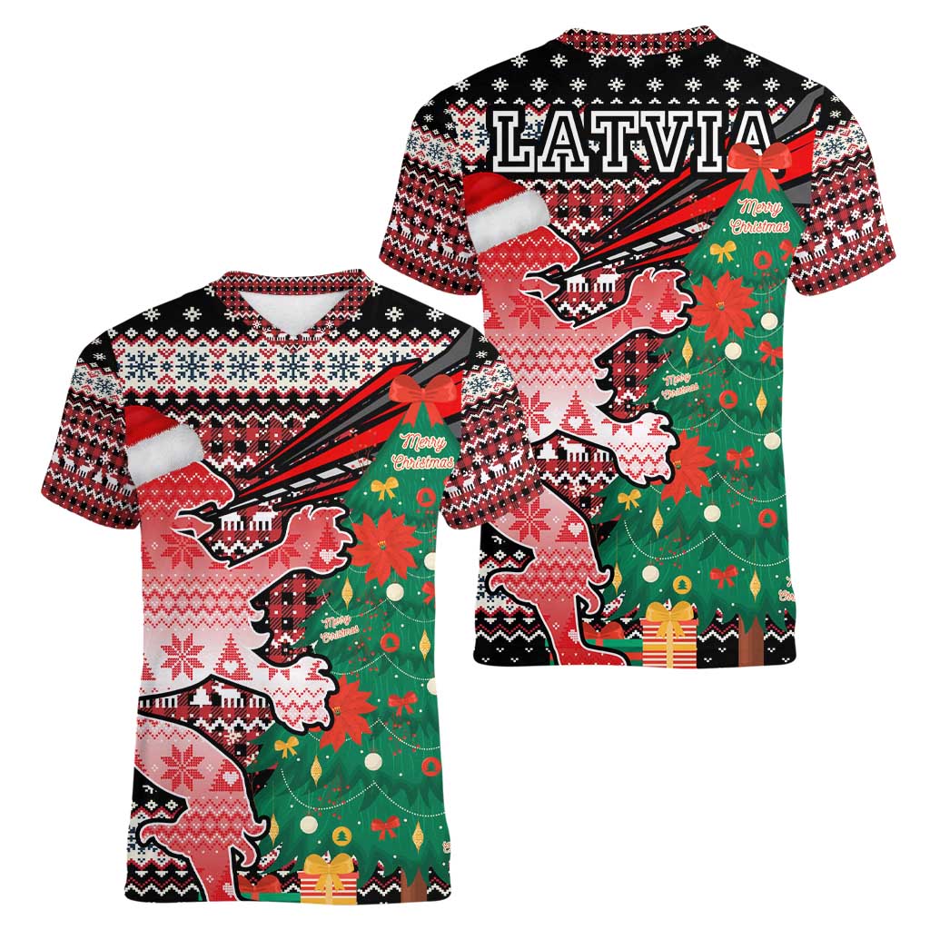 Latvia Christmas Women V-Neck T-Shirt with Red Lion, Holiday Tree, and Nordic Pattern Design - Wonder Print Shop