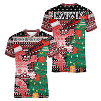 Latvia Christmas Women V-Neck T-Shirt with Red Lion, Holiday Tree, and Nordic Pattern Design - Wonder Print Shop