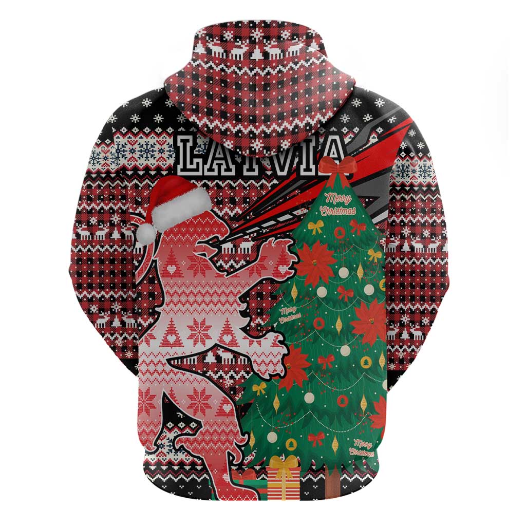 Latvia Christmas Zip Hoodie with Red Lion, Holiday Tree, and Nordic Pattern Design - Wonder Print Shop