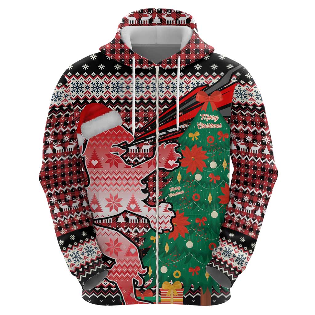 Latvia Christmas Zip Hoodie with Red Lion, Holiday Tree, and Nordic Pattern Design - Wonder Print Shop
