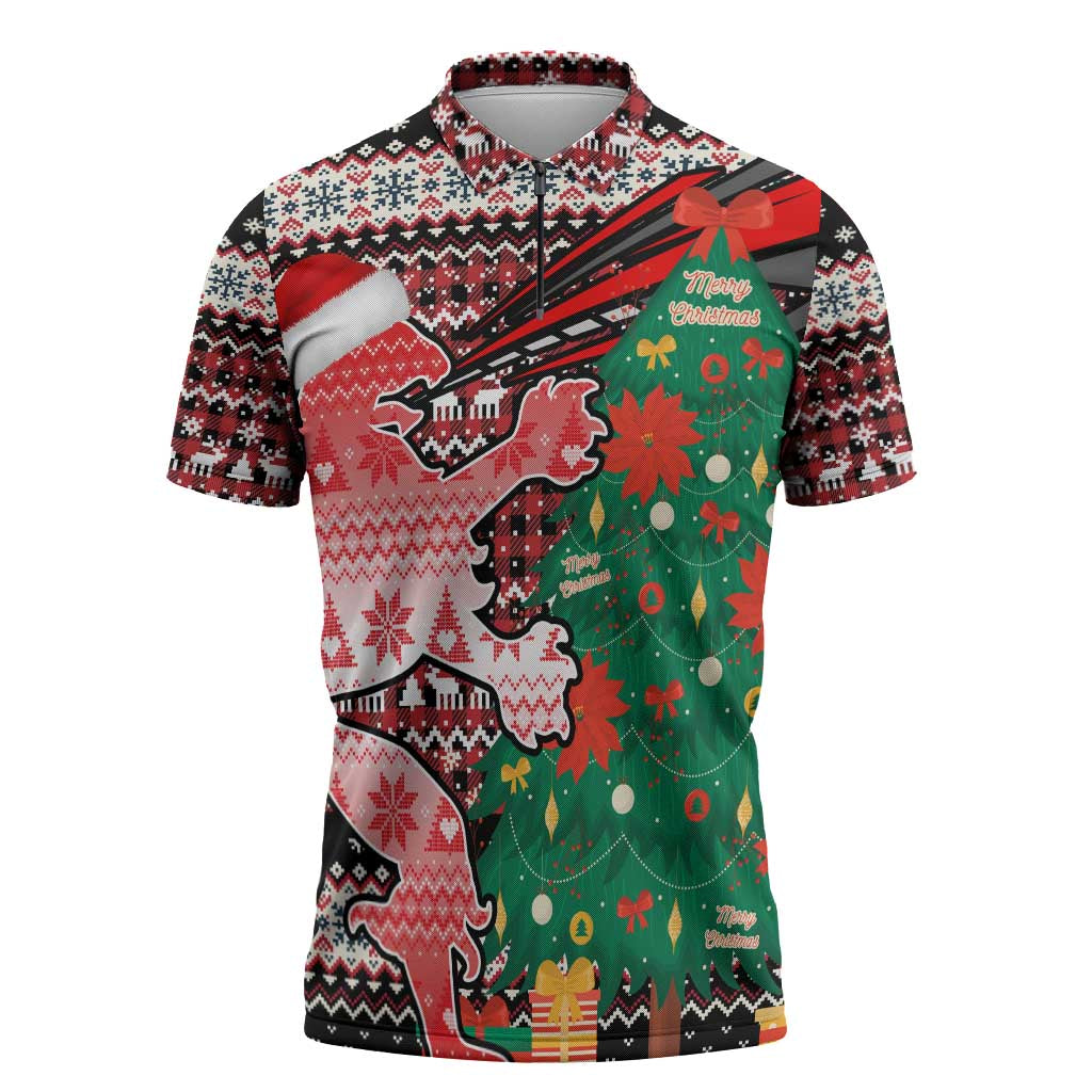 Latvia Christmas Zipper Polo Shirt with Red Lion, Holiday Tree, and Nordic Pattern Design - Wonder Print Shop